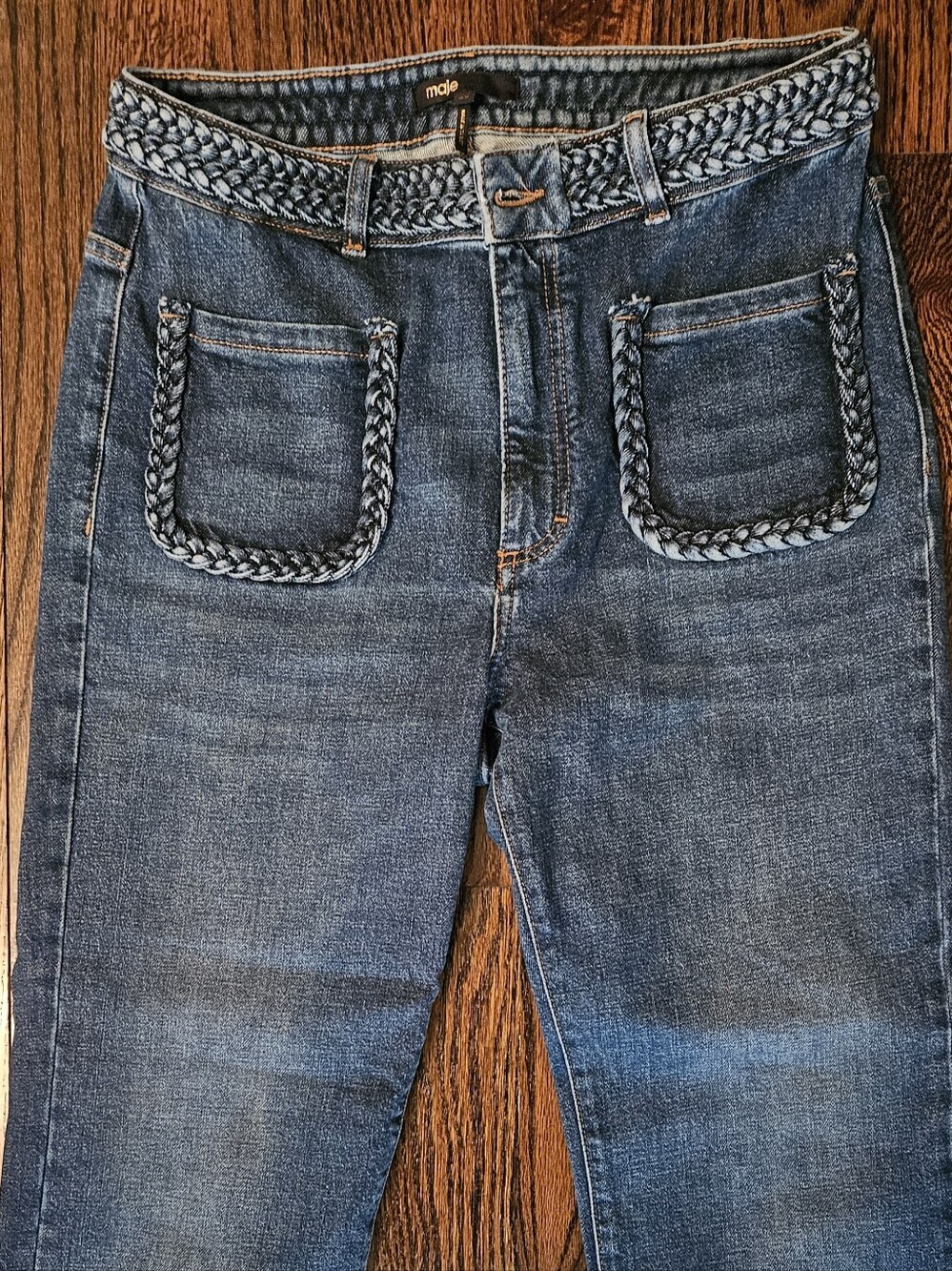 Maje Dark Blue Straight-Leg Jeans with Braided Pocket Detail